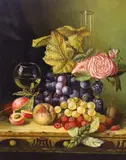 Still life of fruit and flowers by L. Jensen, oil on board, sold Oct 2023