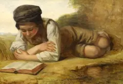 Boy reading a book before a landscape by Charlie Compton, oil on canvas, sold Oct 2023
