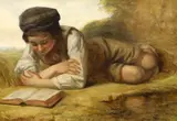 Boy reading a book before a landscape by Charlie Compton, oil on canvas, sold Oct 2023