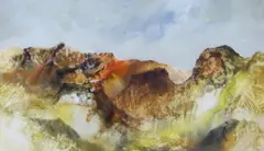 Mountainous landscape by Gerald Parkinson, 1970, oil on board, offered Oct 2023