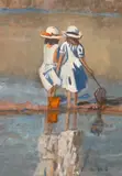 Children on the seashore by Ross Foster, oil on canvas, sold Oct 2023
