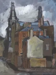 Industrial buildings, Manchester by Geoffrey Lintott, mixed media, offered Oct 2023