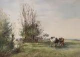 Cattle by a brook by Mark Fisher, 1881, watercolour, sold Oct 2023