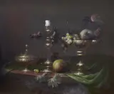 Still life of fruit and vessels by Jozsef Molnar, oil on canvas, sold Aug 2023