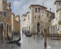 Venetian canal with gondolas 49 by Guido Borelli, oil on canvas, sold Aug 2023