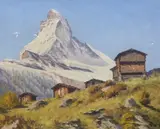Alps scene with chalets, 49 x 40cm by Albert Duplain, oil on canvas, sold Aug 2023