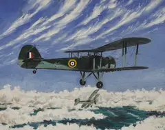 Sopwith Camel over clouds by C. Kirk, oil on canvas, sold Aug 2023