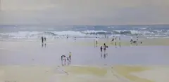 Beach scene with figures by Robert King, mixed media, sold Aug 2023