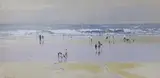 Beach scene with figures by Robert King, mixed media, sold Aug 2023