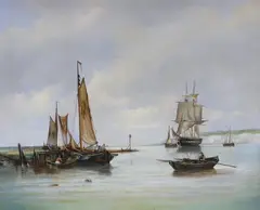 Estuary scene with boats and ships by Max Brandrett, oil on canvas, sold Aug 2023