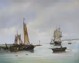 Estuary scene with boats and ships by Max Brandrett, oil on canvas, sold Aug 2023