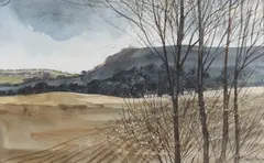 Autumn Downs and ploughed field by Robert Tavener, watercolour, sold Aug 2023
