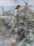 Harbour scene with fisherwoman by Gordon King, watercolour, sold Aug 2023