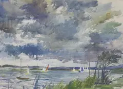 Coastal scene with yachts by Charles Mozley, watercolour on paper, sold Aug 2023