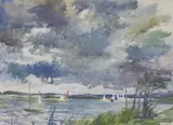 Coastal scene with yachts, label verso, 74 x 55cm by Charles Mozley, watercolour on paper, sold Aug 2023