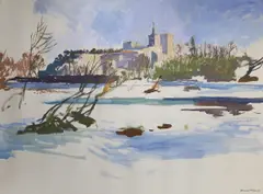 Continental river landscape with buildings by Charles Mozley, gouache on paper, sold Aug 2023