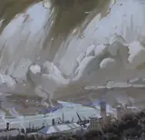 Industrial river landscape by Sydney Carter, gouache, sold Aug 2023