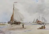 Coastal landscape with boats and fishermen by Thomas Bush Hardy, watercolour, sold Aug 2023