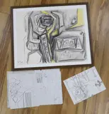 1960’s crayon, abstract composition and a group of unframed abstract and geometric pencil sketches by Henry Cliffe, largest 50 x 40cm by Mary Milner Dickens, pencil, sold Aug 2023
