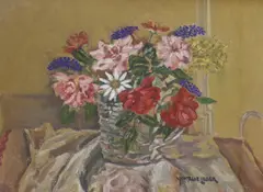 Still life of flowers in a vase by Montague Leder, oil on canvas, offered Aug 2023