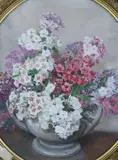 Still life of flowers in a vase by Alix Jennings, oil on board, sold Aug 2023