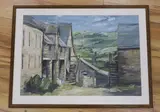 Rural landscape with farm buildings by Trevor Taylor, oil on paper, offered Aug 2023