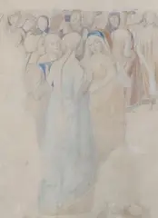 Gathering of medieval figures by Alfred Stevens, pencil and watercolour on paper, sold Aug 2023