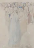 Gathering of medieval figures by Alfred Stevens, pencil and watercolour on paper, sold Aug 2023