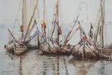 Fishing boats at anchor by Lily R. Ednie, watercolour, sold Aug 2023