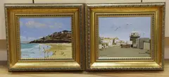 Coastal scene with figures and Harbour scene by Rod Pearce, oil, sold Aug 2023