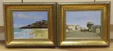 Coastal scene with figures and Harbour scene by Rod Pearce, oil, sold Aug 2023