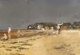 Figures on a beach by Rodney Joseph Burn, oil on board, sold Jul 2023