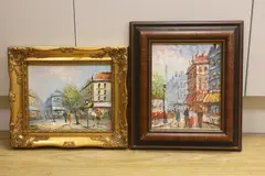 Parisian street scenes with figures by Caroline C. Burnett, oil, sold Jul 2023
