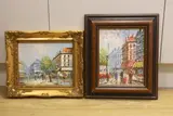 Parisian street scenes with figures by Caroline C. Burnett, oil, sold Jul 2023