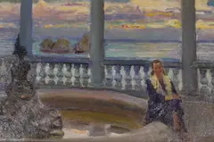 Seated female beside a water fountain by Pierre Kannah, oil on board, sold Jul 2023