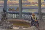 Seated female beside a water fountain by Pierre Kannah, oil on board, sold Jul 2023