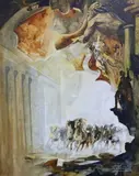 Surrealist temple scene with galloping wild horses by Roger Suraud, oil on canvas, sold Jul 2023