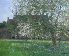 Apple orchard, South Cerney, May by Charles Neal, oil on canvas, sold Jul 2023