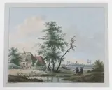 Rural landscape with figures before cottages by Nicolaas Wicart, watercolour, sold Jul 2023