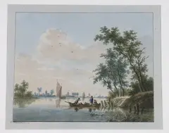River landscape with figures in a boat by Nicolaas Wicart, watercolour, sold Jul 2023