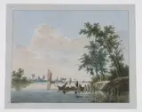 River landscape with figures in a boat by Nicolaas Wicart, watercolour, sold Jul 2023