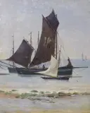 Boats by the shore by John White, oil on board, sold Jul 2023