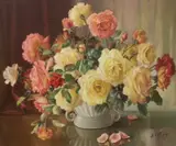 Roses in White Vase by Athanasius Nikolsky, oil on canvas, sold Jul 2023