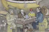 Pevensey lifeboatmen playing crib by W.R Earthrowl, 1996, watercolour on paper, sold Jul 2023