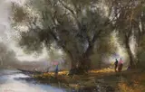 Figures by a river by O. Fontana, oil on canvas, sold Jul 2023