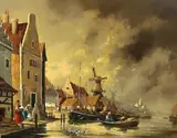 Dutch harbour scene by Gudrun Sibbons, oil on canvas, sold Jul 2023