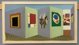 3D reverse perspective of an art gallery setting by Brian Weaver, acrylic on wood, sold Nov 2023