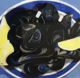Still Life: mussels and sliced lemon on a blue by Danka Napiorkowska, pastel, sold Nov 2023