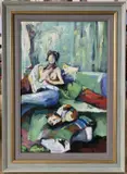 Interior scene with a seated lady and by Rachel Thomas, oil on board, sold Nov 2023