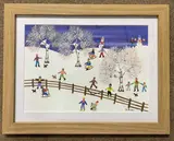 Playing in a snowy landscape by Gordon Barker, acrylic on paper, sold Nov 2023